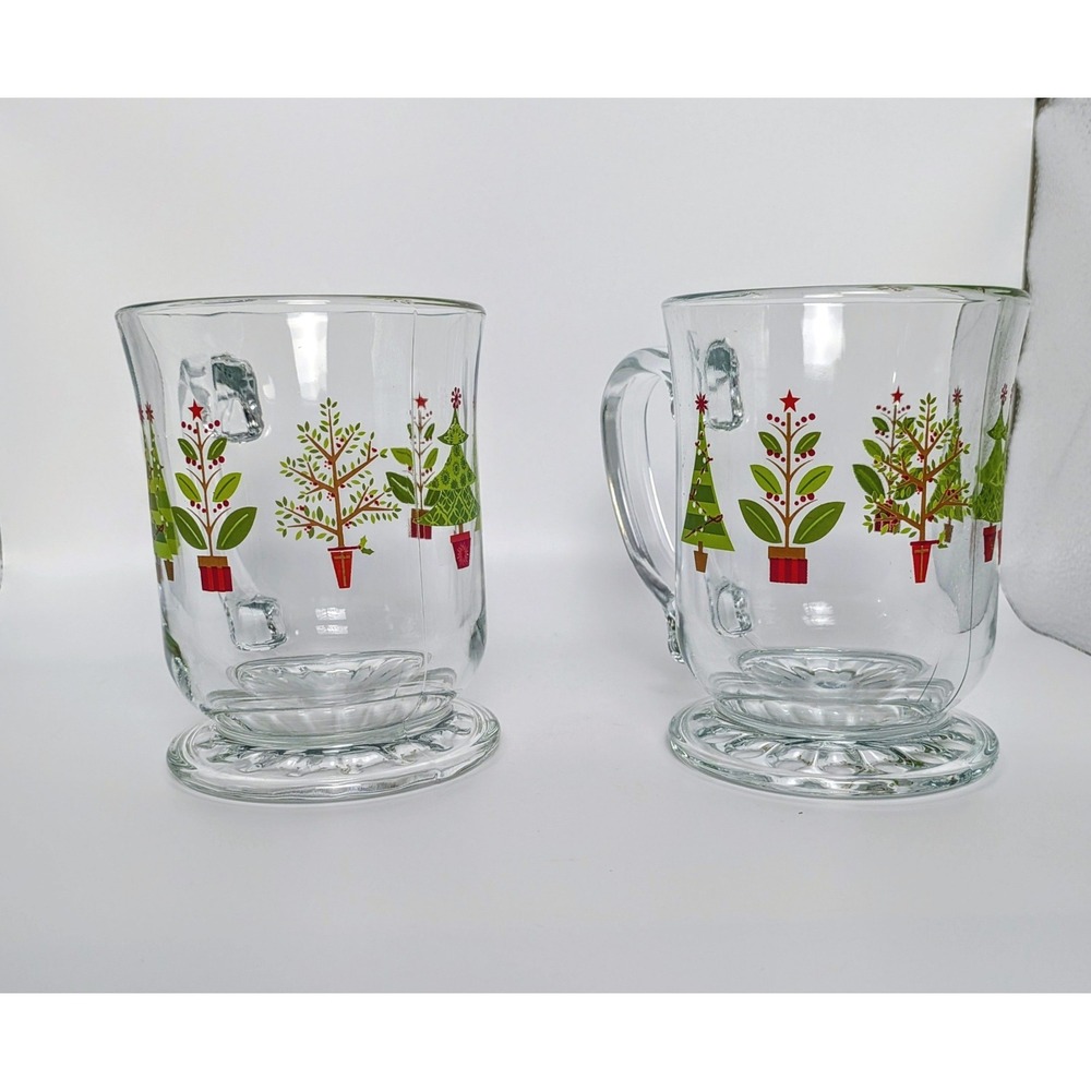Pair of Vintage Libbey Glass Footed Christmas Tree Mugs - Picture 2 of 5